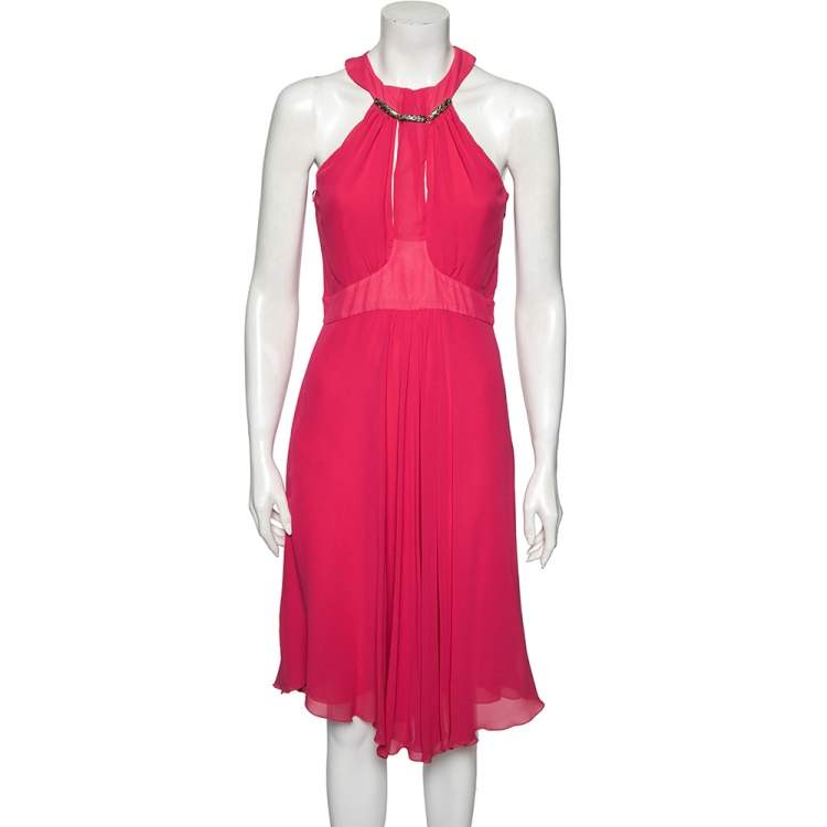 Pre Owned Roberto Cavalli Pink Silk Chiffon Embellished Neck Detail Dress M 