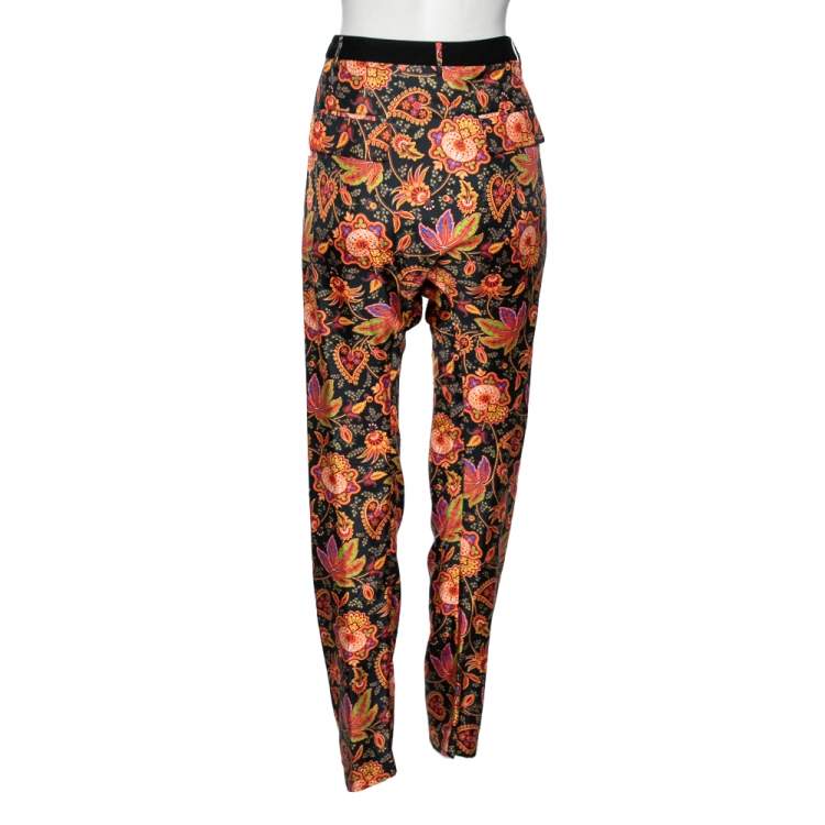Pre Owned Roberto Cavalli Black Floral Printed Silk Trousers M