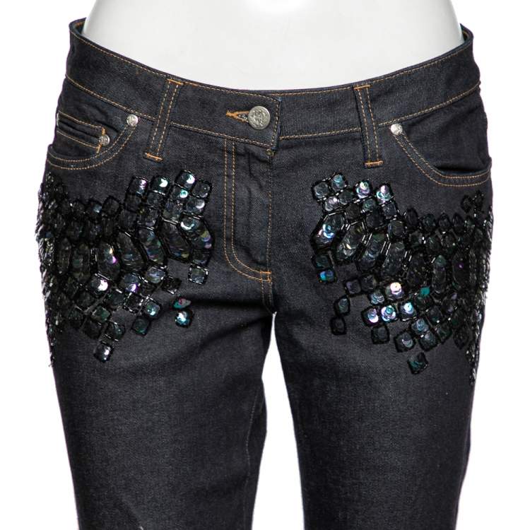 Pre Owned Roberto Cavalli Blue Denim Sequin Embellished Pants M