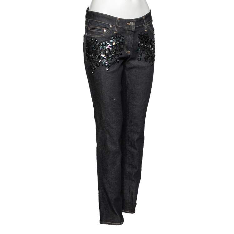 Pre Owned Roberto Cavalli Blue Denim Sequin Embellished Pants M