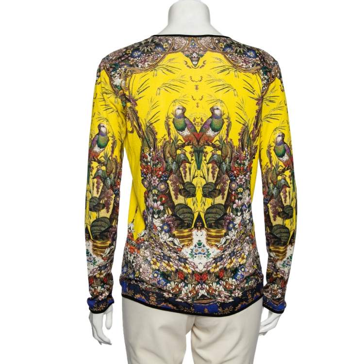 Pre Owned Roberto Cavalli Yellow Printed Silk Knit Button Front Cardigan M
