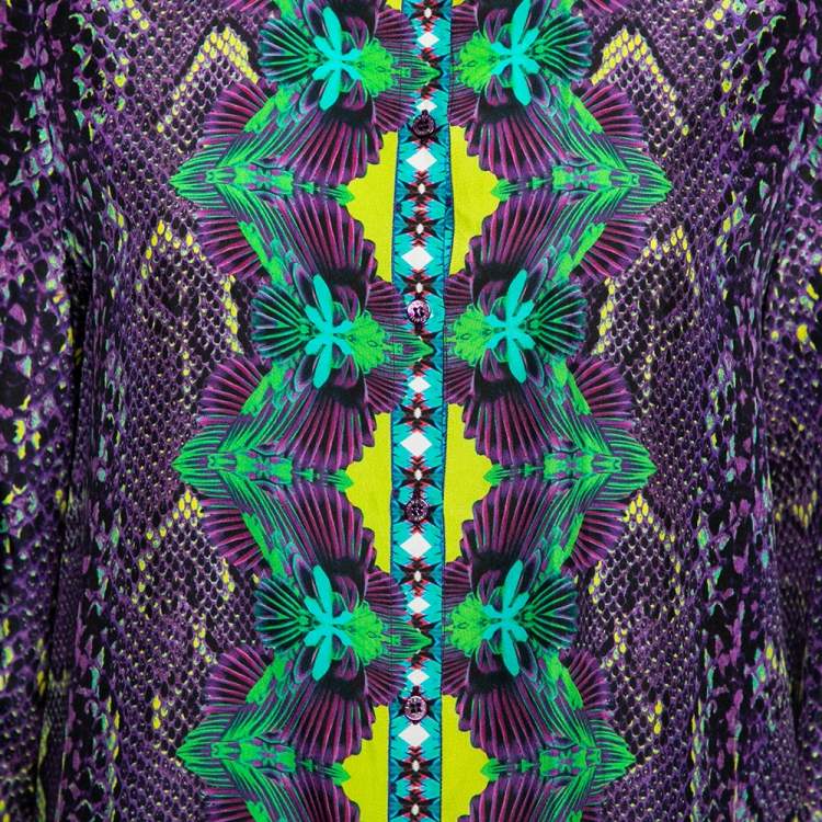 Pre Owned Roberto Cavalli Purple Printed Silk Button Front Shirt M