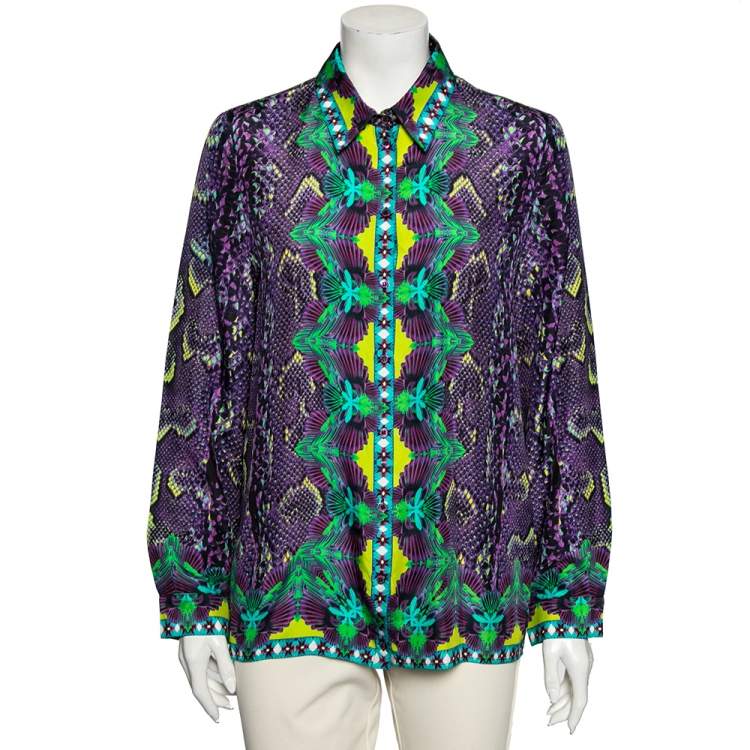 Pre Owned Roberto Cavalli Purple Printed Silk Button Front Shirt M