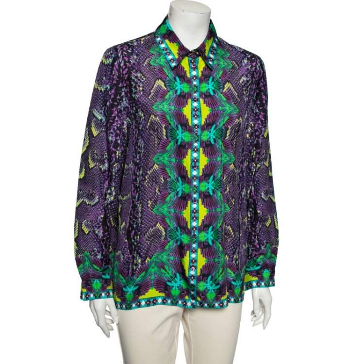 Pre Owned Roberto Cavalli Purple Printed Silk Button Front Shirt M