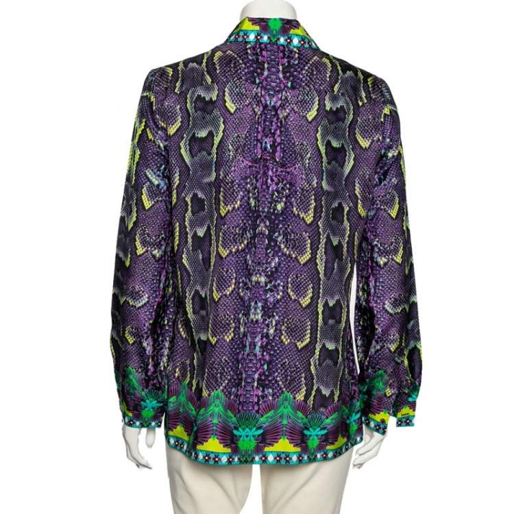 Pre Owned Roberto Cavalli Purple Printed Silk Button Front Shirt M