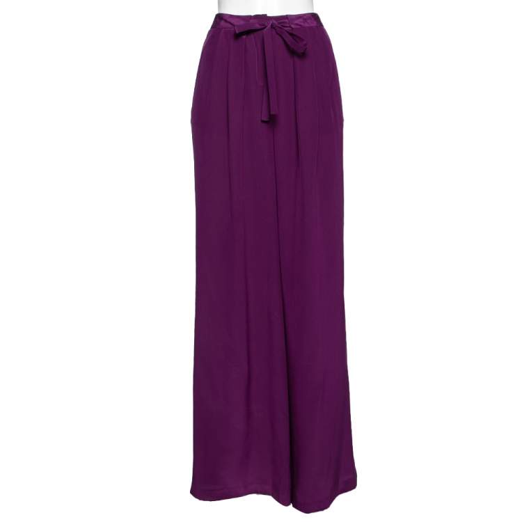 Pre Owned Roberto Cavalli Purple Silk Belted Palazzo Pants M