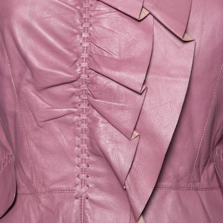 Pre Owned Roberto Cavalli Pink Leather Woven Trims Long Sleeve Jacket M