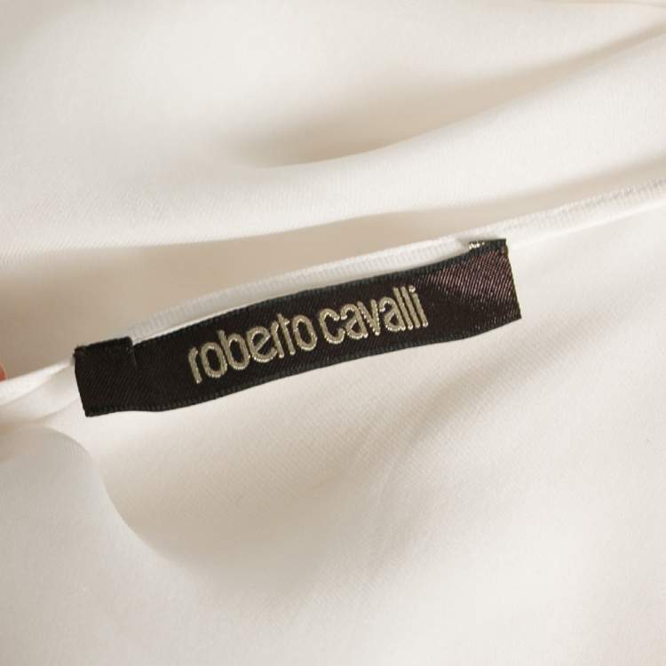 Pre Owned Roberto Cavalli White Silk Ruffle Front Bell Sleeve Top M