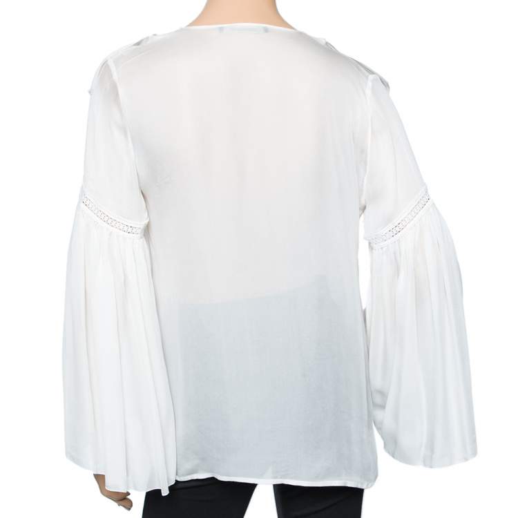 Pre Owned Roberto Cavalli White Silk Ruffle Front Bell Sleeve Top M