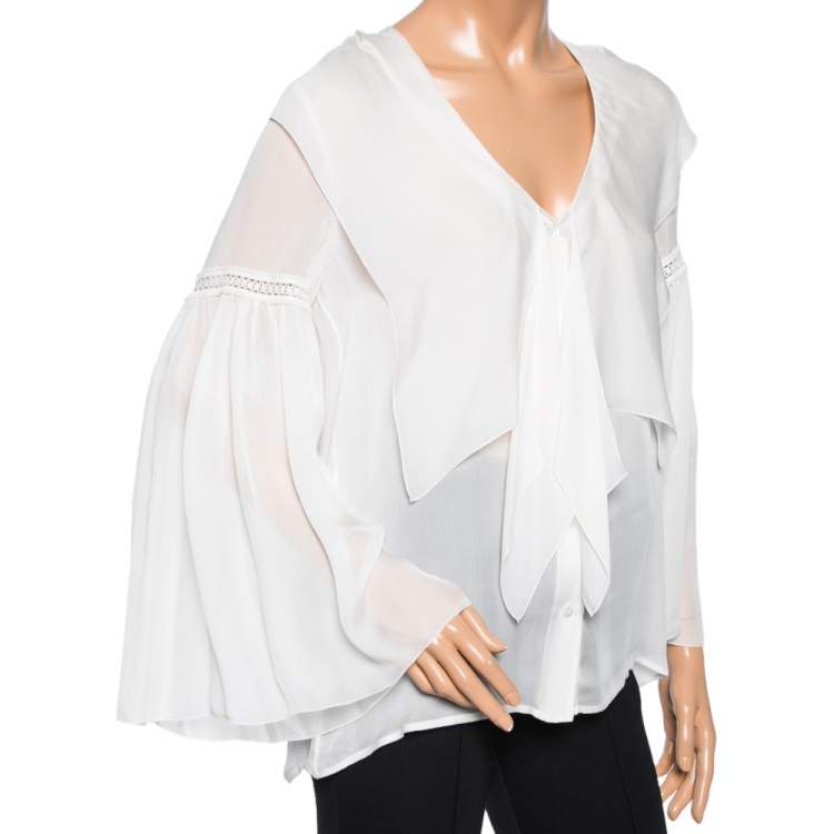 Pre Owned Roberto Cavalli White Silk Ruffle Front Bell Sleeve Top M