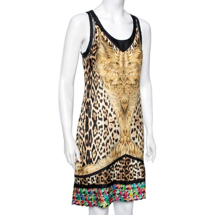 Pre Owned Roberto Cavalli Brown Leopard Printed Silk Pleated Hem Dress M