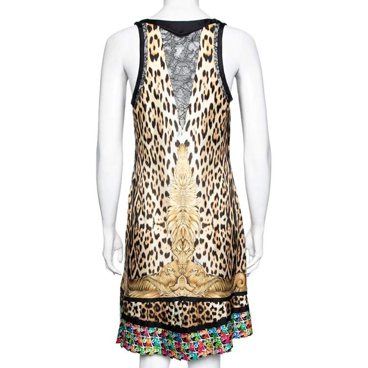 Pre Owned Roberto Cavalli Brown Leopard Printed Silk Pleated Hem Dress M