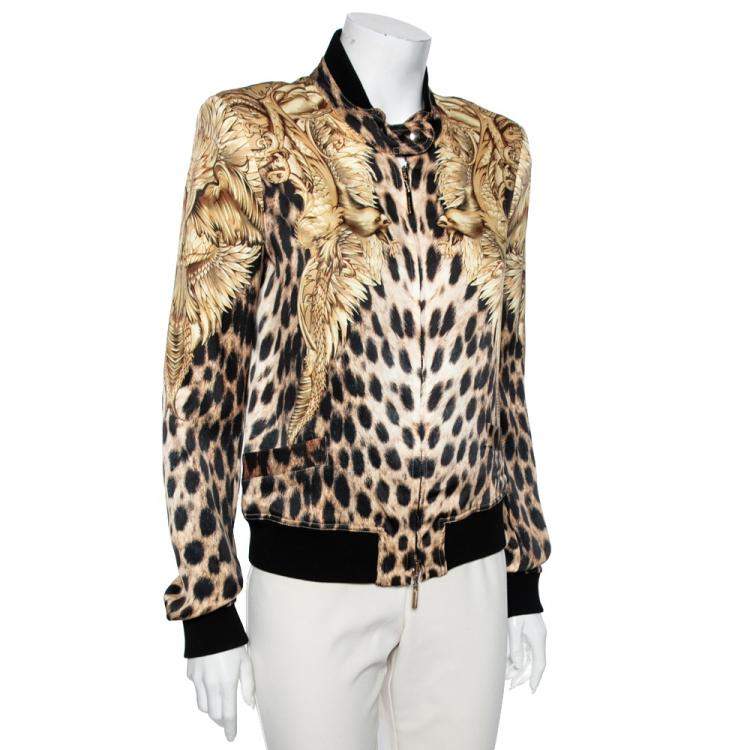 Pre Owned Roberto Cavalli Brown Printed Silk Bomber Jacket M