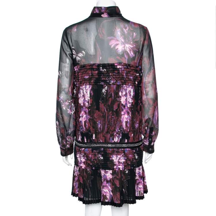 Pre Owned Roberto Cavalli Multicolor Floral Printed Silk Pleated Chain Embellished Waist Dress M