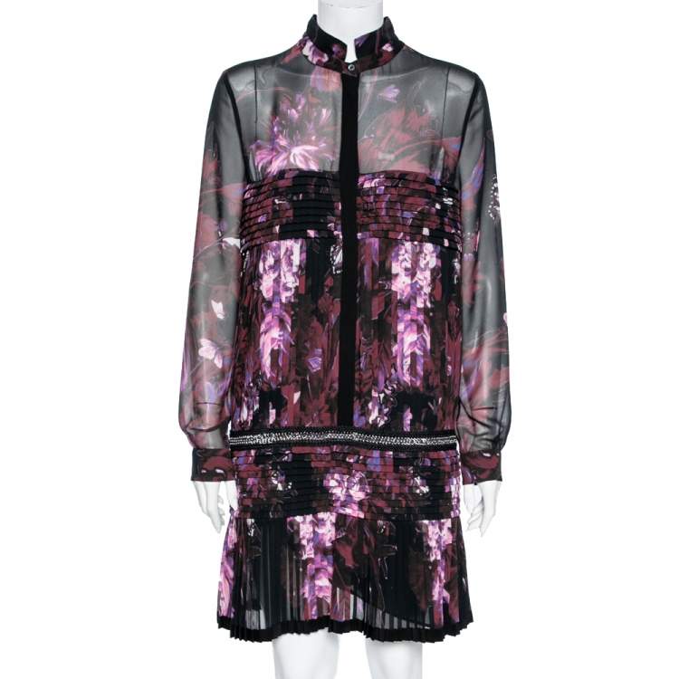 Pre Owned Roberto Cavalli Multicolor Floral Printed Silk Pleated Chain Embellished Waist Dress M
