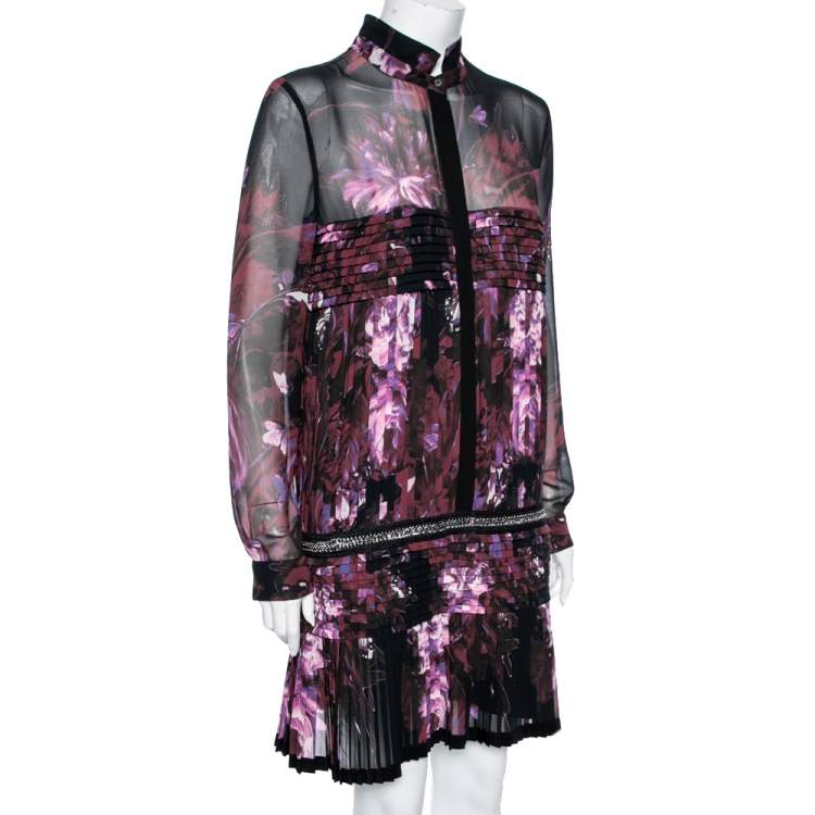 Pre Owned Roberto Cavalli Multicolor Floral Printed Silk Pleated Chain Embellished Waist Dress M