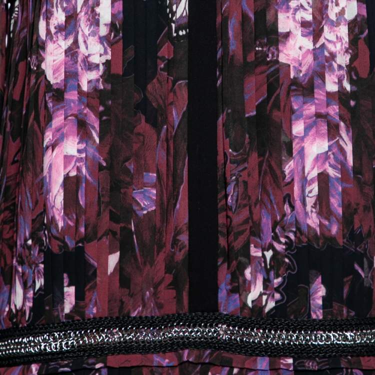 Pre Owned Roberto Cavalli Multicolor Floral Printed Silk Pleated Chain Embellished Waist Dress M