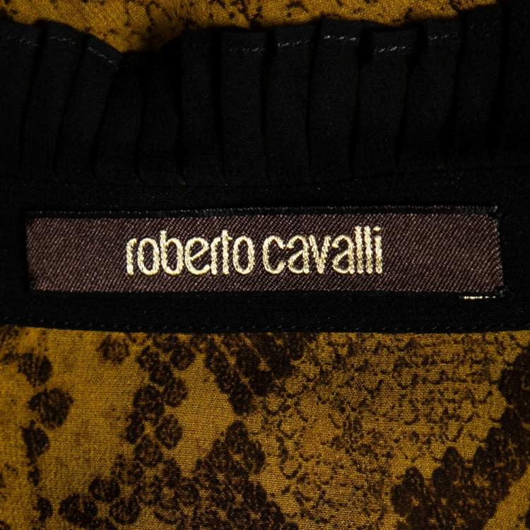 Pre Owned Roberto Cavalli Mustard Yellow Python Print Silk Ruffle Detail Front Shirt M
