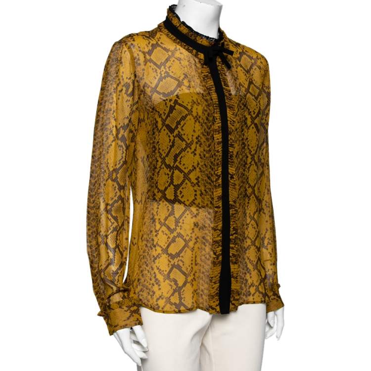 Pre Owned Roberto Cavalli Mustard Yellow Python Print Silk Ruffle Detail Front Shirt M