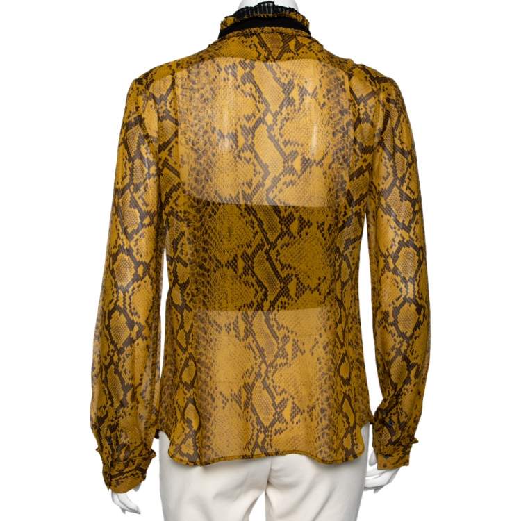 Pre Owned Roberto Cavalli Mustard Yellow Python Print Silk Ruffle Detail Front Shirt M