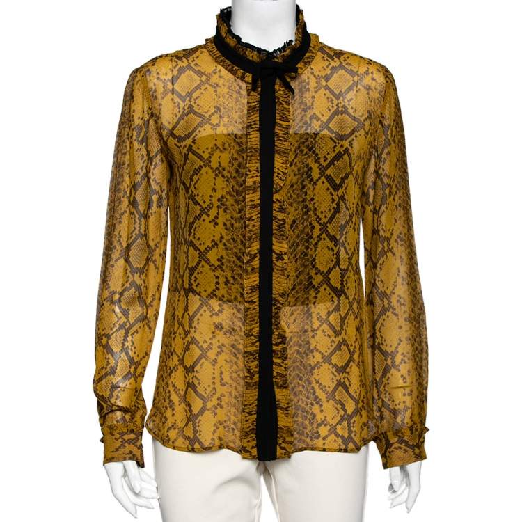 Pre Owned Roberto Cavalli Mustard Yellow Python Print Silk Ruffle Detail Front Shirt M