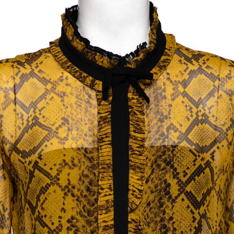 Pre Owned Roberto Cavalli Mustard Yellow Python Print Silk Ruffle Detail Front Shirt M