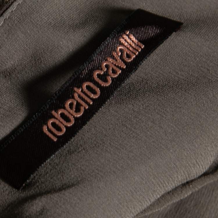 Pre Owned Roberto Cavalli Olive Green Printed Sequin Embellished Silk Pants M
