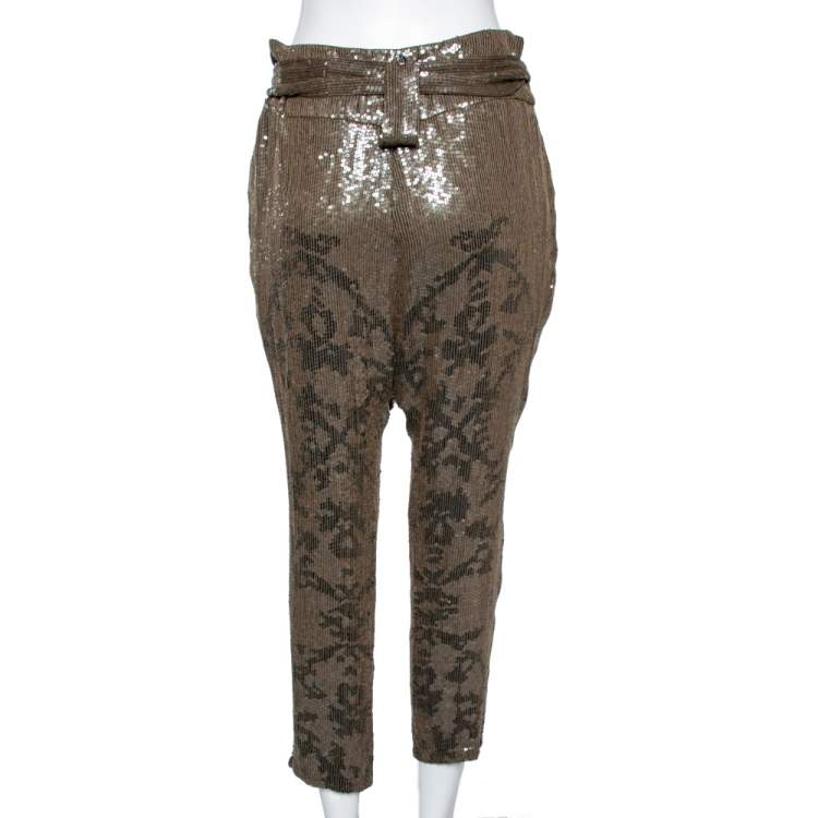 Pre Owned Roberto Cavalli Olive Green Printed Sequin Embellished Silk Pants M