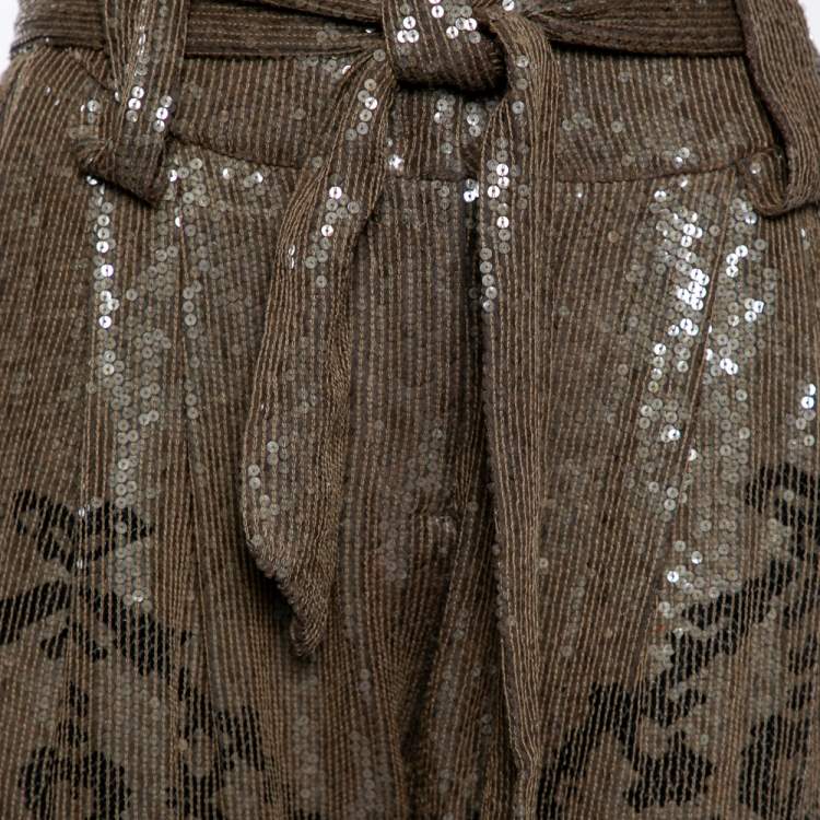 Pre Owned Roberto Cavalli Olive Green Printed Sequin Embellished Silk Pants M