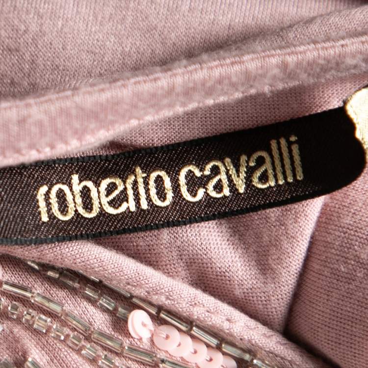 Pre Owned Roberto Cavalli Pink Jersey Embellished V-Neck Short Sleeve T-Shirt M