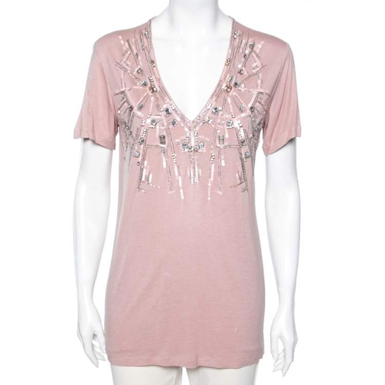Pre Owned Roberto Cavalli Pink Jersey Embellished V-Neck Short Sleeve T-Shirt M