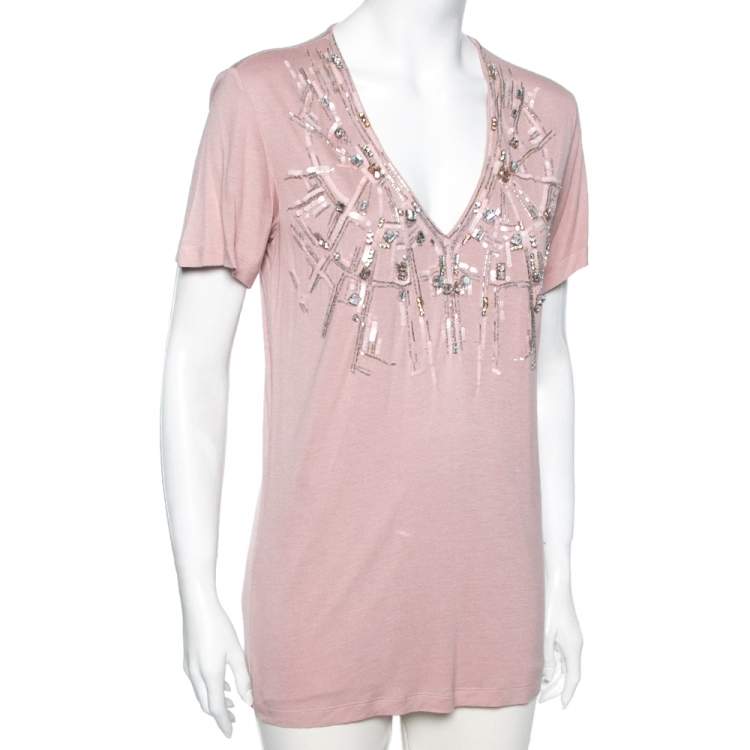 Pre Owned Roberto Cavalli Pink Jersey Embellished V-Neck Short Sleeve T-Shirt M