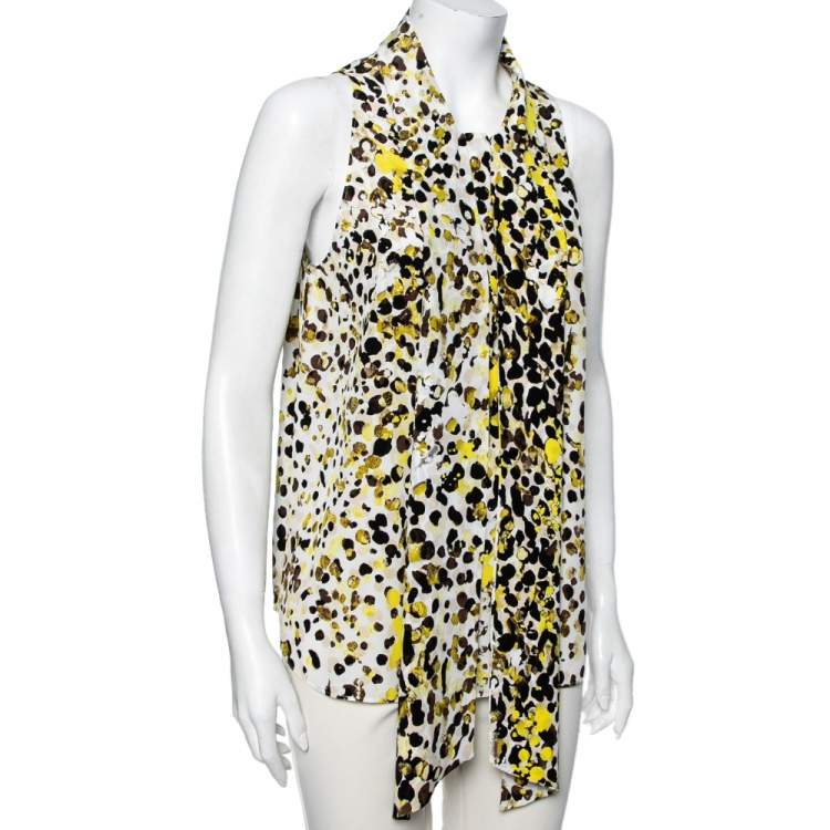 Pre Owned Roberto Cavalli Multicolored Printed Silk Neck Tie Detail Blouse M