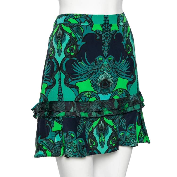 Pre Owned Roberto Cavalli Blue & Green Animal Print Ruffled Mini Skirt M