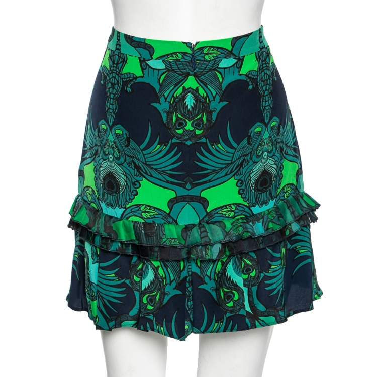 Pre Owned Roberto Cavalli Blue & Green Animal Print Ruffled Mini Skirt M