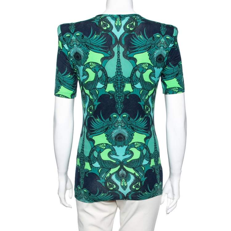 مملوكة مسبقًا Roberto Cavalli Blue & Green Animal Print Stretch Knit T-Shirt M