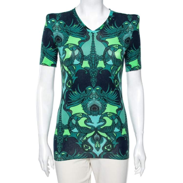 مملوكة مسبقًا Roberto Cavalli Blue & Green Animal Print Stretch Knit T-Shirt M