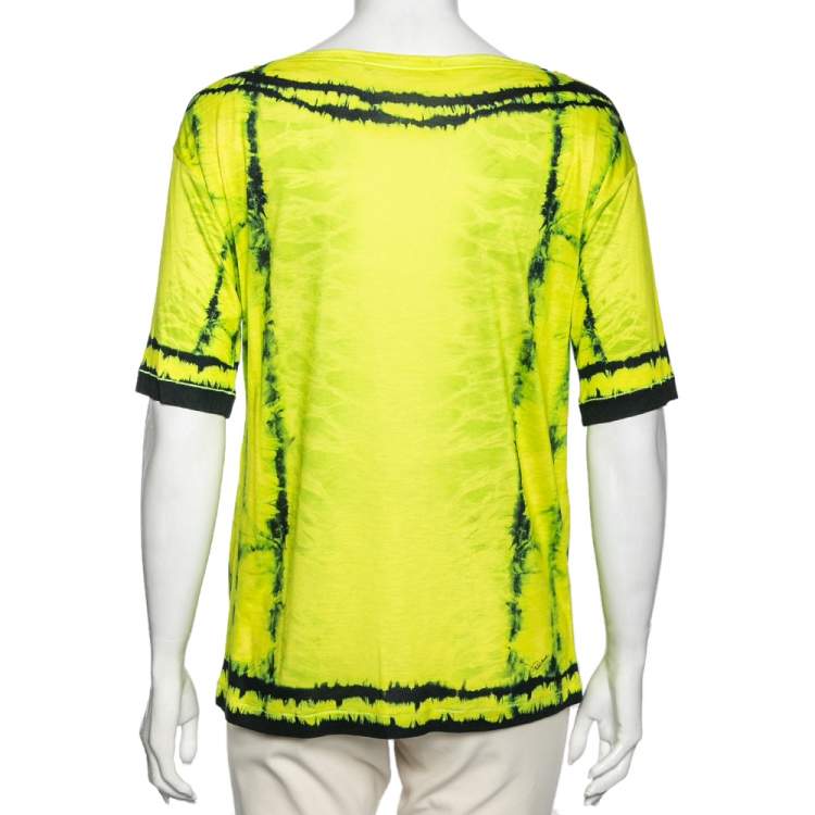 Pre Owned Roberto Cavalli Neon Green and Yellow Printed Jersey Short Sleeve Top M