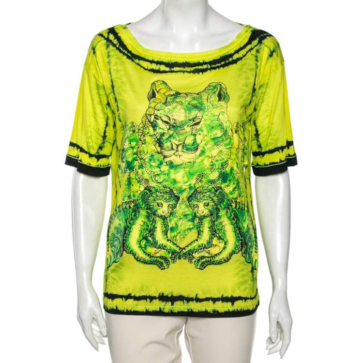 Pre Owned Roberto Cavalli Neon Green and Yellow Printed Jersey Short Sleeve Top M