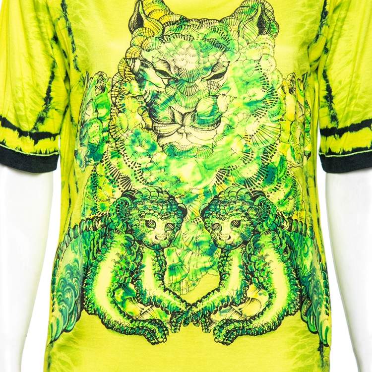 Pre Owned Roberto Cavalli Neon Green and Yellow Printed Jersey Short Sleeve Top M