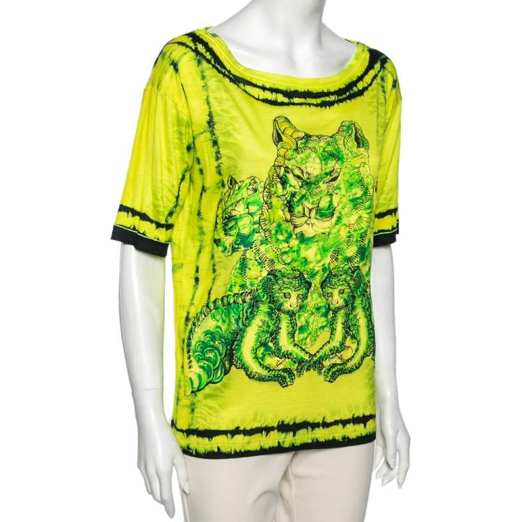 Pre Owned Roberto Cavalli Neon Green and Yellow Printed Jersey Short Sleeve Top M
