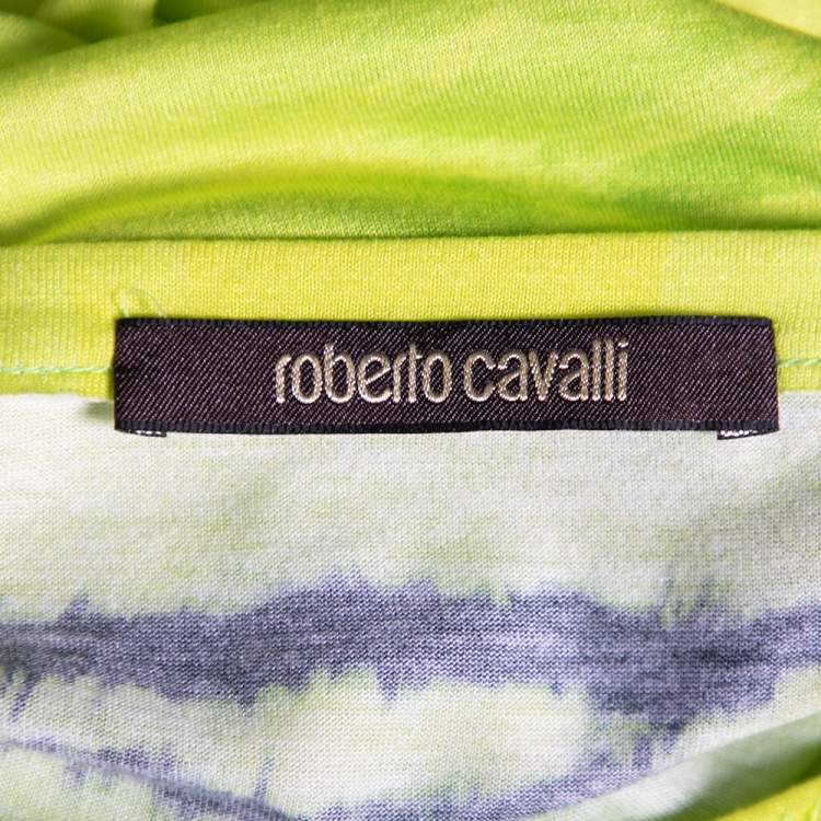 Pre Owned Roberto Cavalli Neon Green and Yellow Printed Jersey Short Sleeve Top M