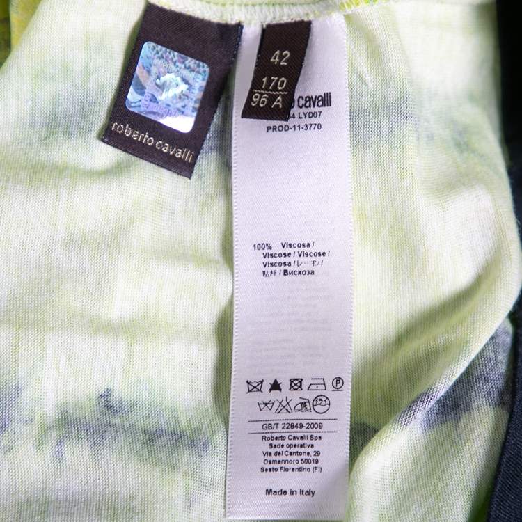 Pre Owned Roberto Cavalli Neon Green and Yellow Printed Jersey Short Sleeve Top M