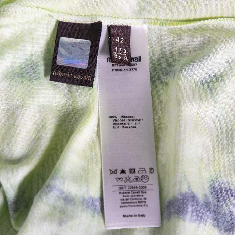 Pre Owned Roberto Cavalli Neon Green and Yellow Printed Jersey Short Sleeve Top M