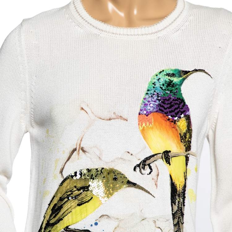 Pre Owned Roberto Cavalli Cream Knit Sequin Embellished Bird Printed Sweater M