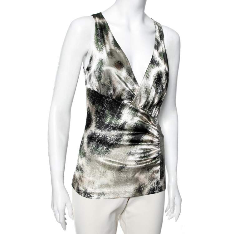 Pre Owned Roberto Cavalli Green Abstract Print Satin Sleeveless Blouse M