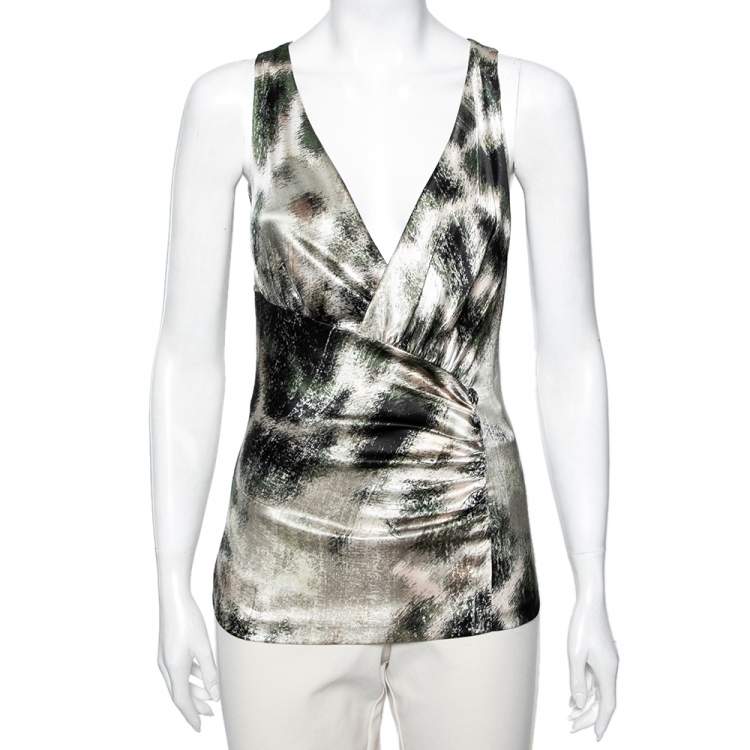 Pre Owned Roberto Cavalli Green Abstract Print Satin Sleeveless Blouse M