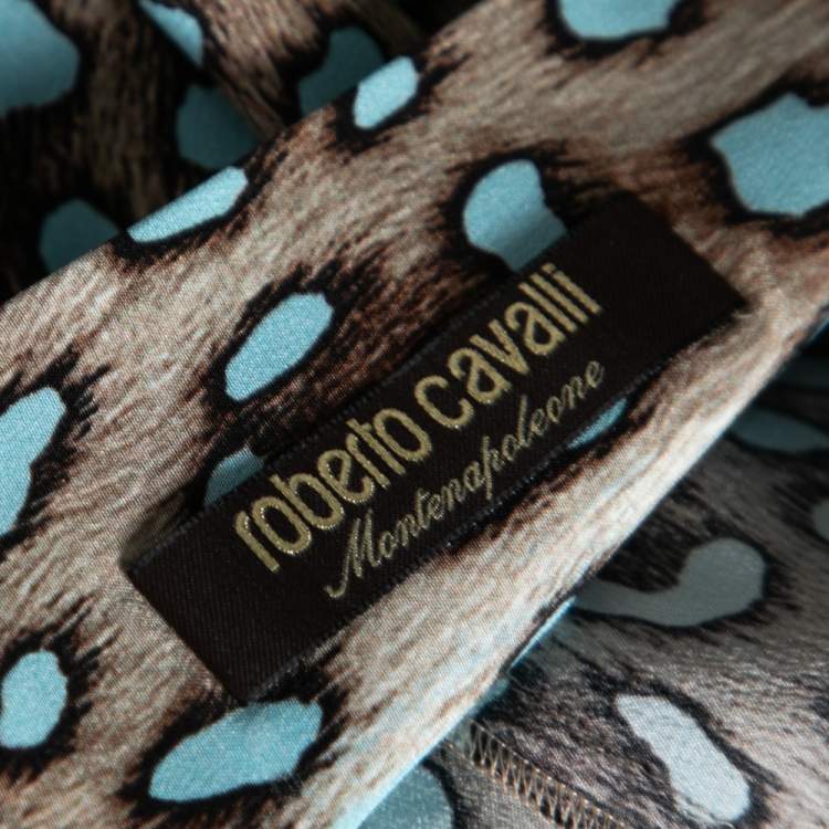 Pre Owned Roberto Cavalli Brown & Blue Animal Print Silk Faux Wrap Shorts M