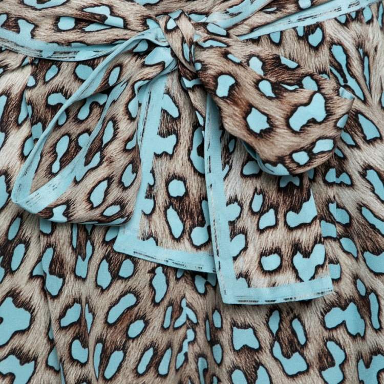Pre Owned Roberto Cavalli Brown & Blue Animal Print Silk Faux Wrap Shorts M