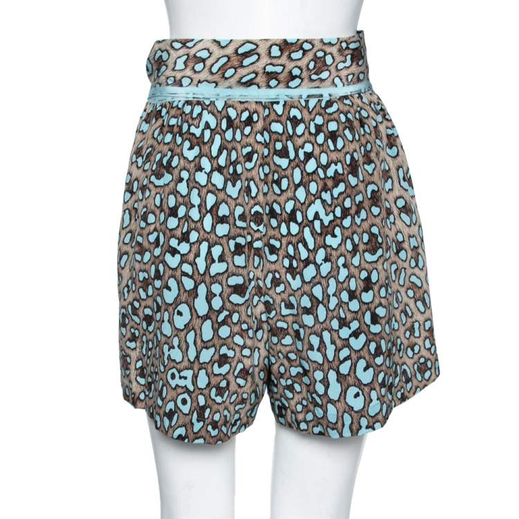 Pre Owned Roberto Cavalli Brown & Blue Animal Print Silk Faux Wrap Shorts M
